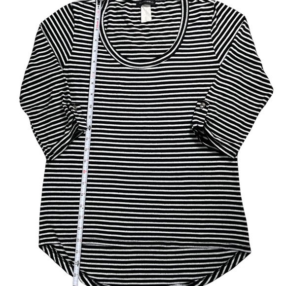 Flashmob size large black/white striped shirt 3/4 sleeve scoop neck curved hem - Picture 7 of 11